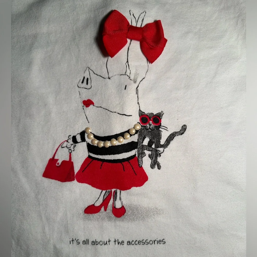 Olivia Shirt w/ Pearl Necklace Bow Handbag Fun Accessories Pig ~ Little Girl’s 8